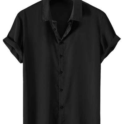 TEMU Men's Bohemian Style Solid Black Shirt - Classic Collar Button-up Non-stretch Fabric, Machine Washable & Dry , Versatile Casual & Formal Wear Image