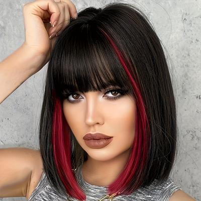 Red Wig With Bangs Short Straight Bob Wigs For Women 12 Inch Synthetic Colorful Wig For Cosplay Party