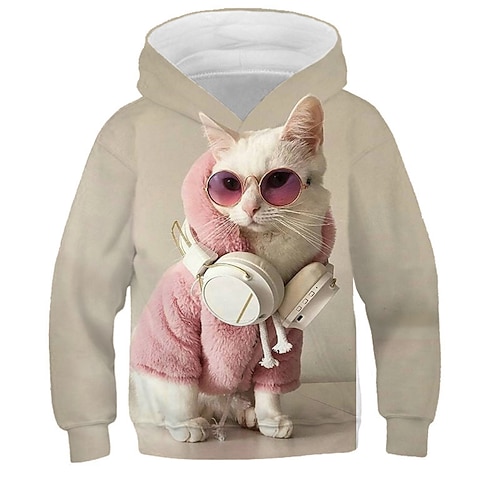 kinderkleidung Mädchen Kapuzenshirt Katze Casual Langarm Aktiv Baumwolle 7-13 Jahre Herbst Mehrfarbig Schwarz Weiß Image