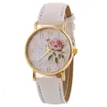 Montre-bracelet à quartz ronde avec fleur rose pour femme bracelet en similicuir montres élégantes