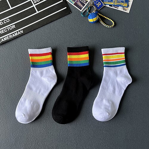 Herren 3 Pack Mehrfachpackungen Socken Socken Stricken Laufsport Socken Freizeitsocken Weiß Weiß Schwarz Schwarz Farbe Regenbogen Sport Natur Täglich Urlaub Grundlegend Mittel Frühling Herbst Image