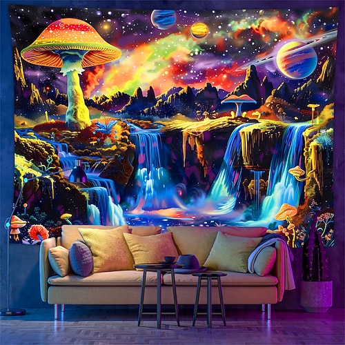 Schwarzlicht Wandteppich UV reaktiv im Dunkeln leuchtend Party Neon Galaxie Universum Pilze psychedelisch trippig neblig hängender Wandteppich Wandbild fürs Wohnen Image