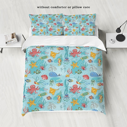 Unterwasserwelt, Meerestiere, Meeresschildkröten, Delfine, Tintenfische, 3D-gedrucktes 3-teiliges Daunenbettbezug-Set für Hotels, Schlafzimmer, Gästezimmer und luxuriöses, bequemes Bettwäscheset Image