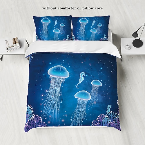 Unterwasserwelt, Meerestiere, Meeresschildkröten, Delfine, Tintenfische, 3D-gedrucktes 3-teiliges Daunenbettbezug-Set für Hotels, Schlafzimmer, Gästezimmer und luxuriöses, bequemes Bettwäscheset Image