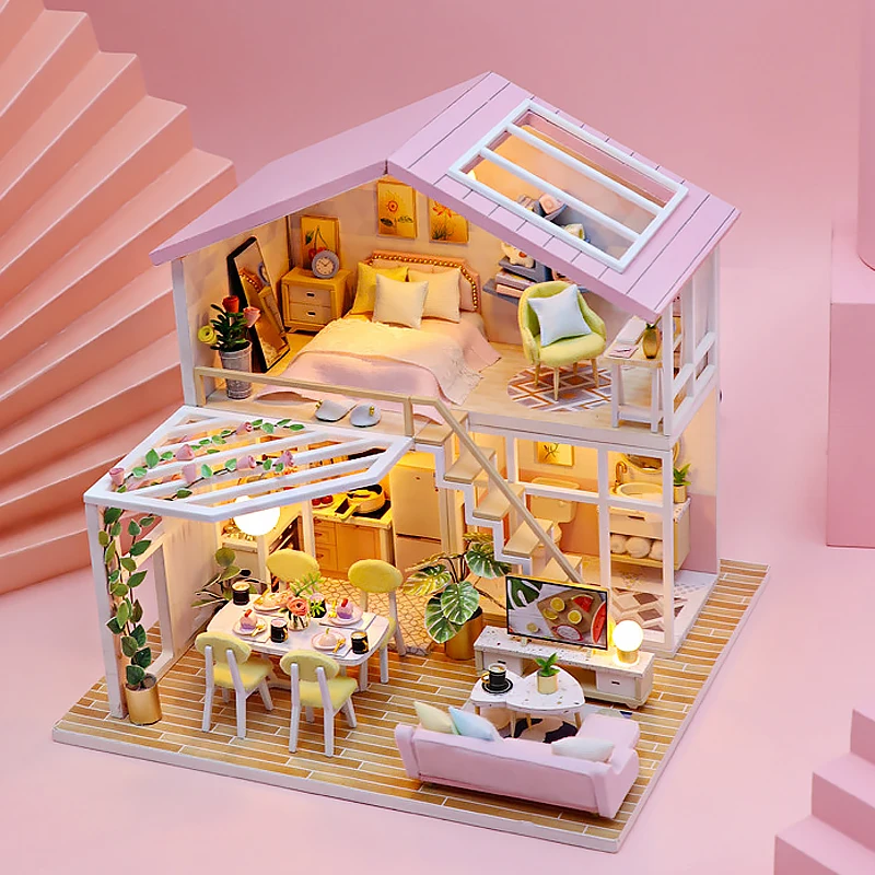Bricolage Mini maison de poupée en bois petite maison 3D Puzzle assembler modèle de construction maison chambre décoration avec meubles maison de poupée cadeaux
