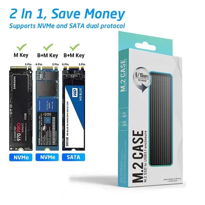 M2 SSD Case M.2 NVMe SATA SSD Enclosure 10Gbps USB3.1 Dual Protocol External Adapter for 2TB SSD Box with Type-A to Type-C Cable