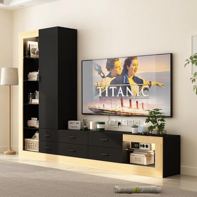 Black and Wood Entertainment Center with LED Lights Versatile TV Stand - 104.5"