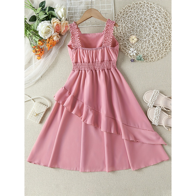 Girls Shirred Waist Ruffle Trim Cami Dress For Party Beach Vacation Kids Summer Clothes