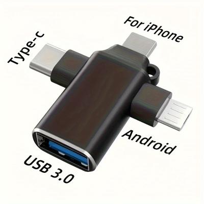 TEMU 3 In 1 Usb Otg Adapter With Type-c, Micro Usb & Lightning Connectors, Usb 3.0 Data Transfer Converter, Compact Design For Tablet, Hard Disk Drive, - No App Required (dimensions: 1.65in X 1.49in)