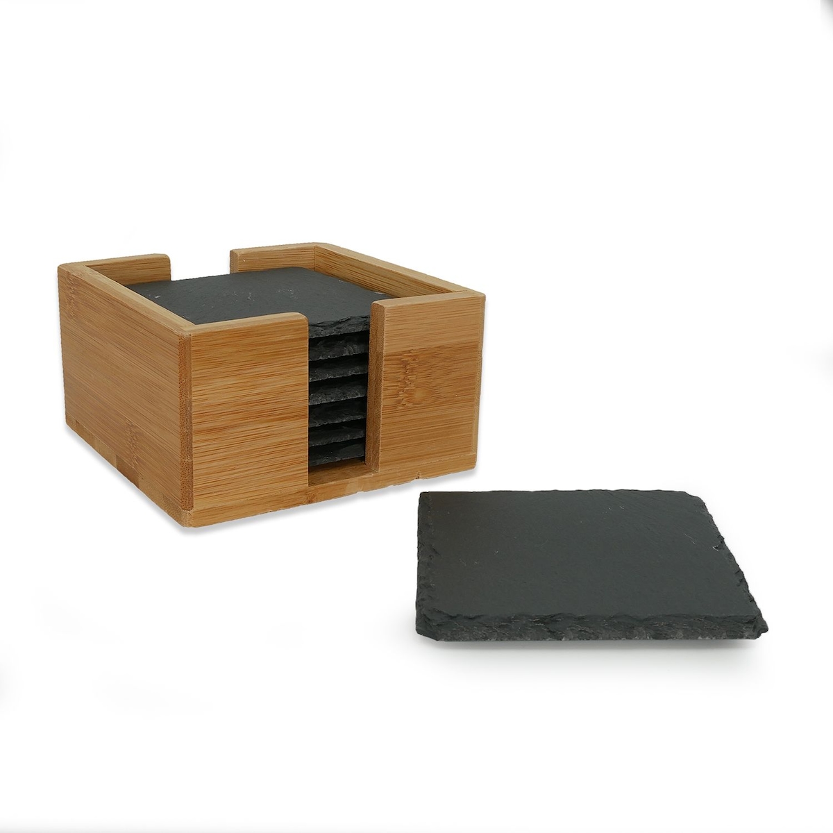 Intirilife 11-teiliges Untersetzer Set aus Schieferstein in Schwarz mit Bambushalterung und Kreidestiften zum Beschriften mit Kreide Image