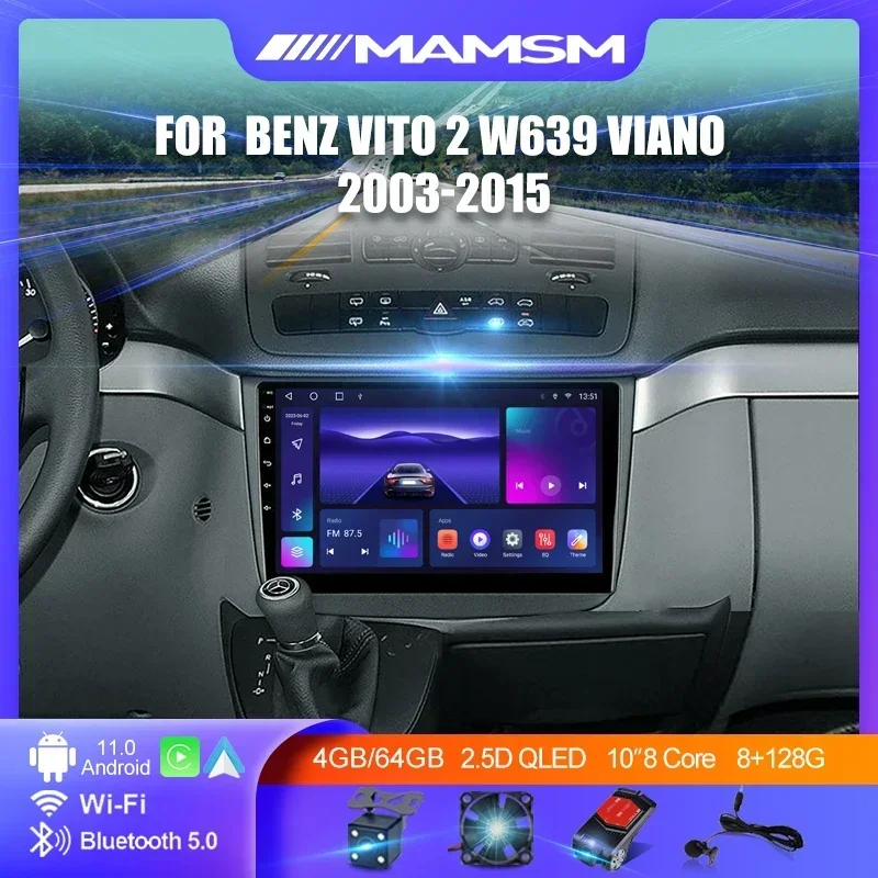 2Din pour Benz Vito 2 W639 Viano 2003 - 2015 Autoradio lecteur vidéo multimédia GPS Carplay Android 12 Autoradio unité principale 2K QLED
