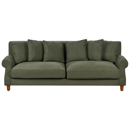 3-Sitzer Sofa Dunkelgrün Stoffbezug mit Mehreren Kissen Holzbeine Dicke Sitzkissen Freistellbar Modern Retro Design Wohnzimmer Polstersofa