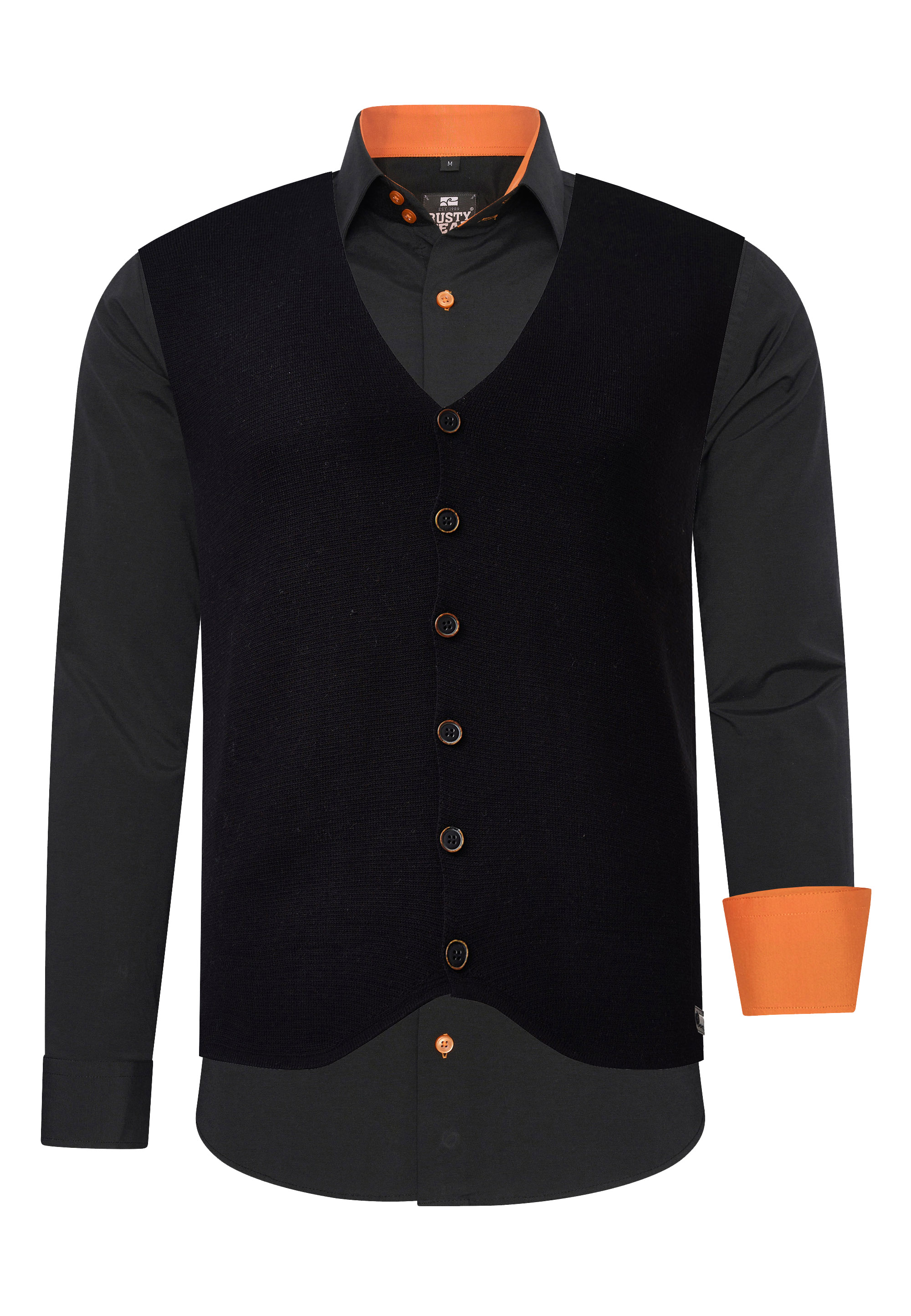 Langarmhemd RUSTY NEAL, Herren, Gr. S, EURO-Größen, orange (schwarz, orange), 60% Baumwolle, 37% Polyester, 3% Elasthan, unifarben, Hemden, mit Weste