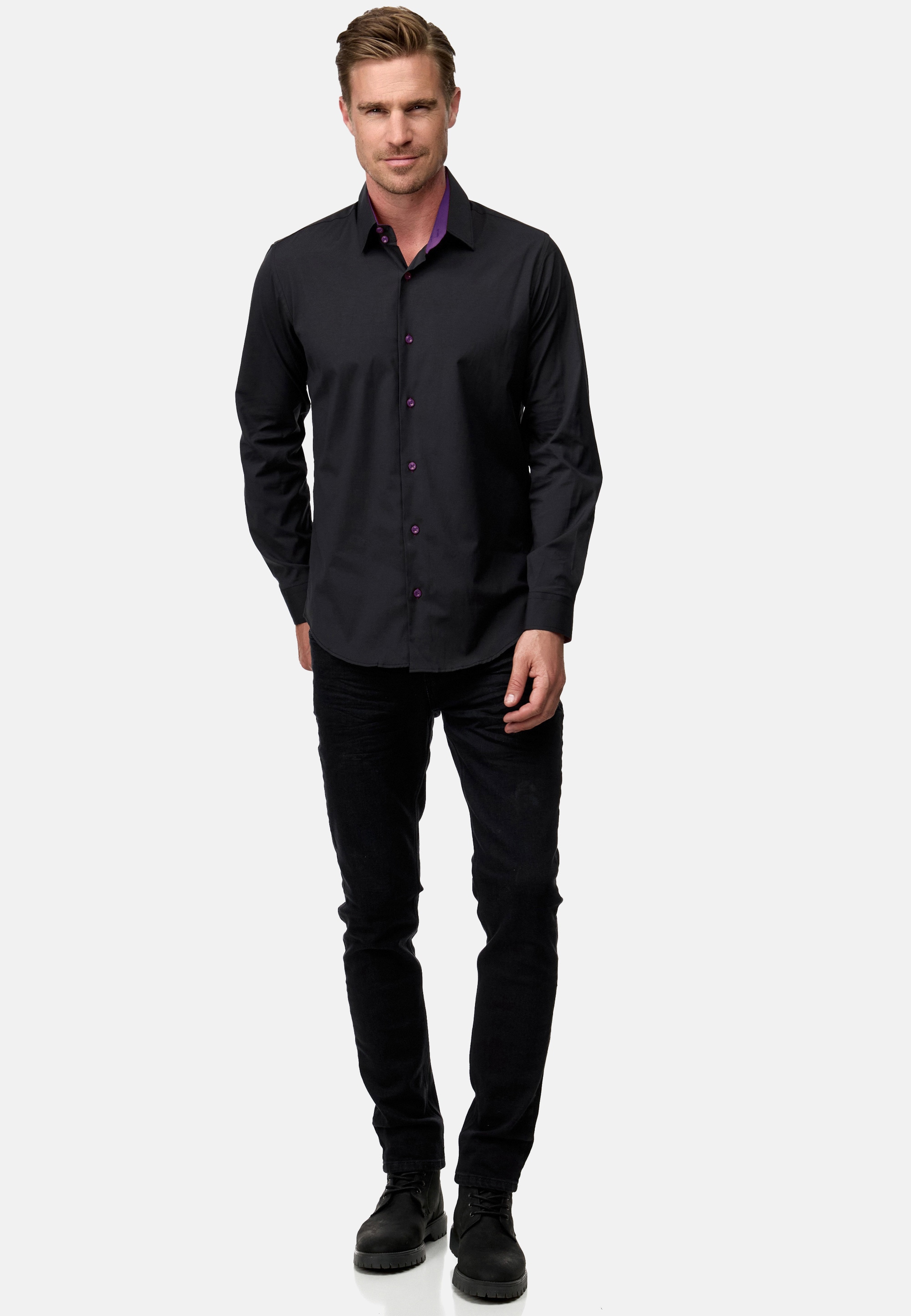 Langarmhemd RUSTY NEAL, Herren, Gr. M, EURO-Größen, schwarz (schwarz, lila), 60% Baumwolle, 37% Polyester, 3% Elasthan, unifarben, Hemden, mit Weste und Krawatte