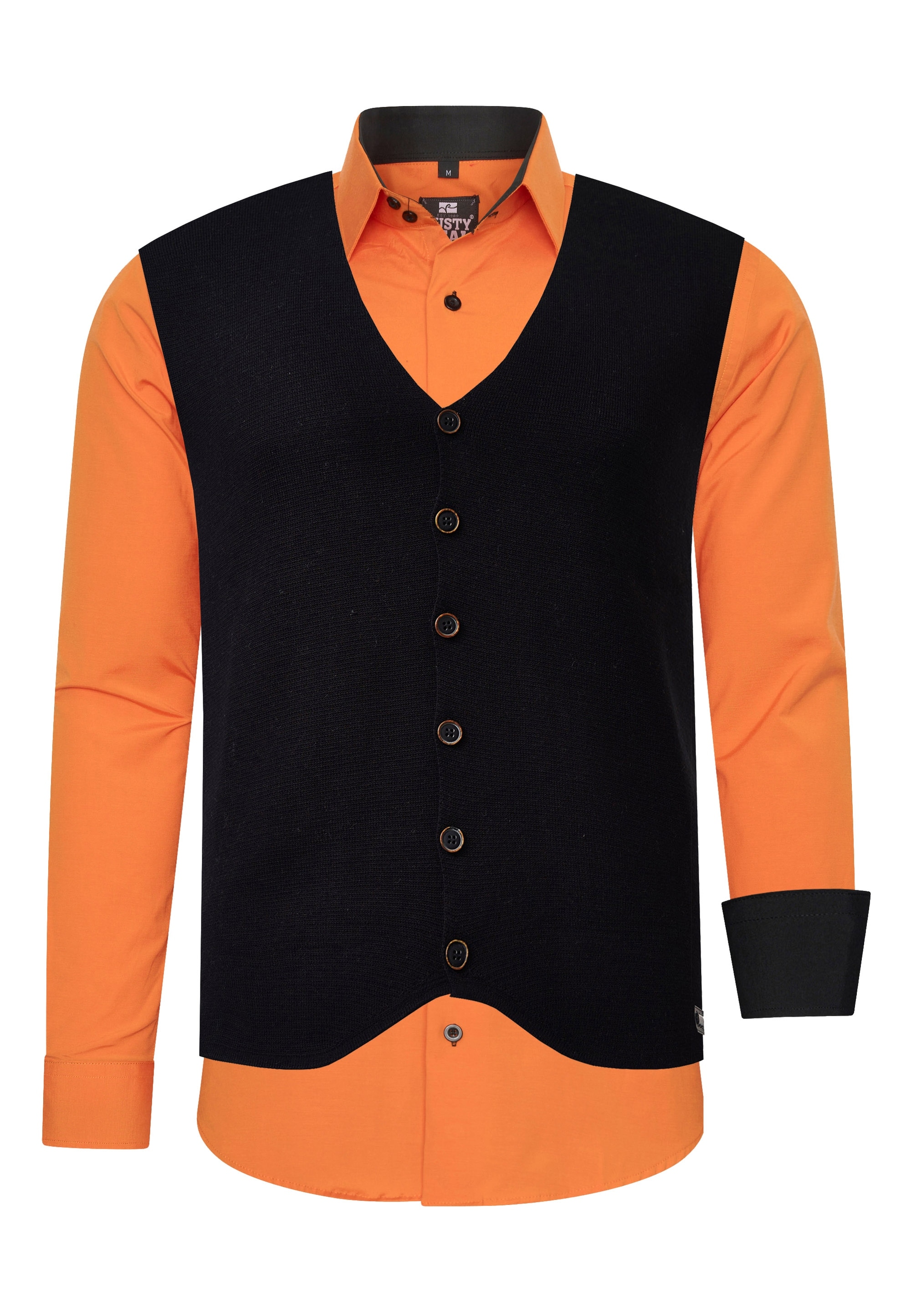 Langarmhemd RUSTY NEAL, Herren, Gr. S, EURO-Größen, orange (orange, schwarz), 60% Baumwolle, 37% Polyester, 3% Elasthan, unifarben, Hemden, mit Weste