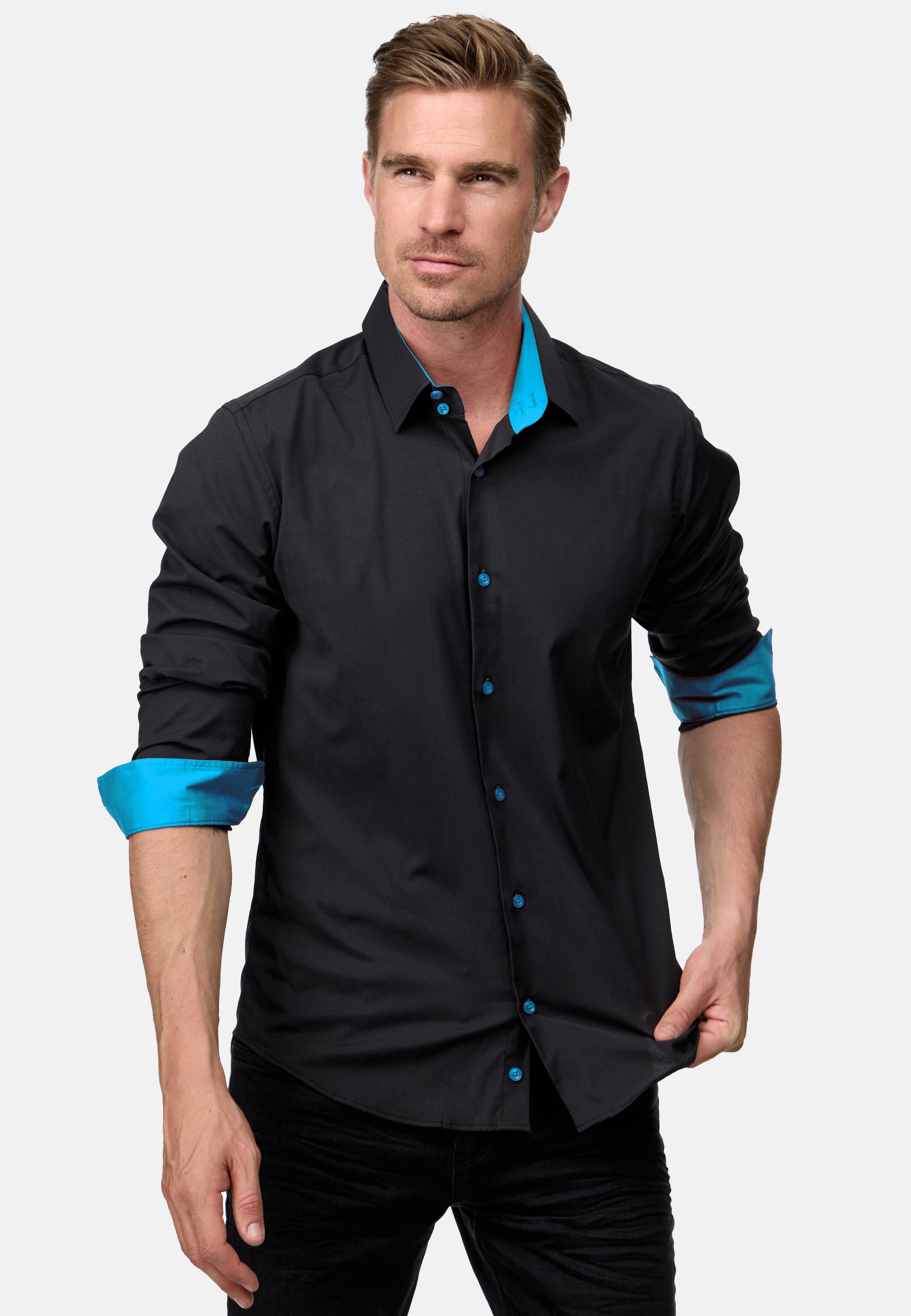 Langarmhemd RUSTY NEAL, Herren, Gr. S, EURO-Größen, bunt (schwarz, türkis), 60% Baumwolle, 37% Polyester, 3% Elasthan, unifarben, Hemden, mit Weste und Krawatte