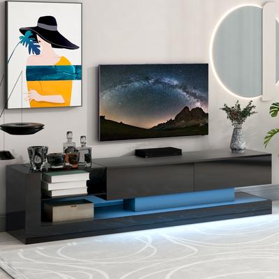 Modern TV Stand with 16-color RGB LED Strip Lights, Tempered Glass Shelves