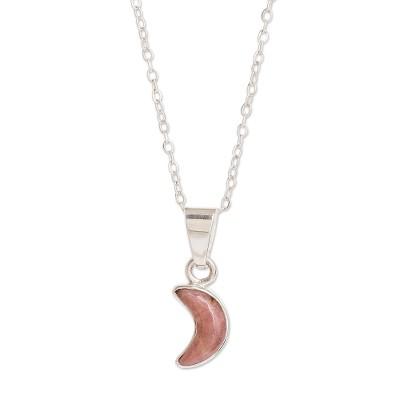 Moon Crescent in Pink,'Sterling and Rhodonite Necklace'