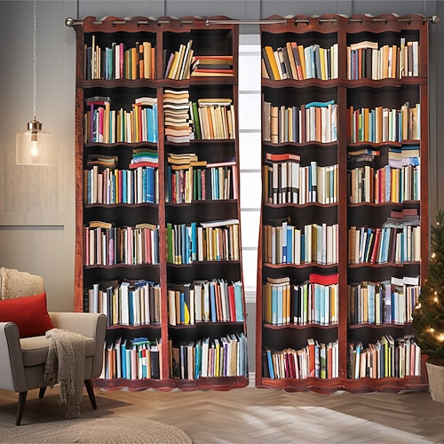 Vintage Bücherregal Verdunkelungsvorhänge Türisolierung Außenbalkon Rest Wohnzimmer Wohndekoration 2-teiliges Set mit 3D-Digitaldruck perforiert Image