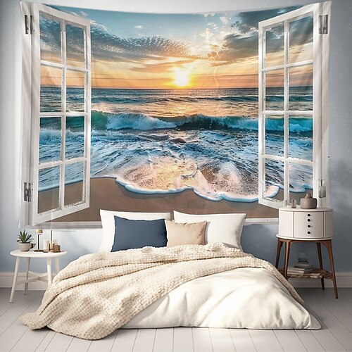 Fenster Ozean Boot hängen Wandteppich Kunst große Wandteppich Wandbild Dekor Fotografie Hintergrund Decke Vorhang Haus Schlafzimmer Wohnzimmer Dekoration Wandtuch XXL Natur Image