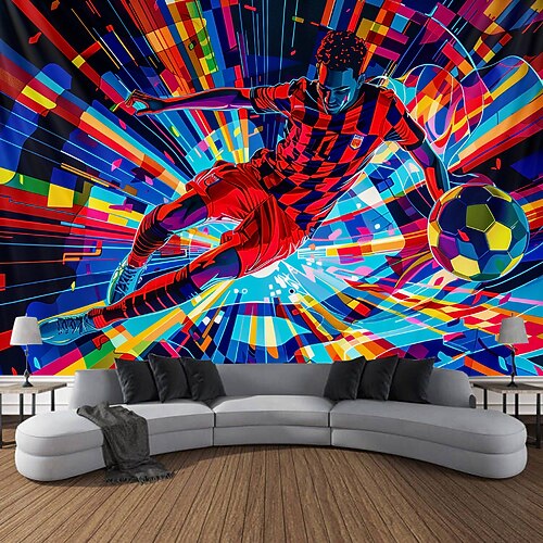Schwarzlicht-Wandteppich, UV-reaktiv, im Dunkeln leuchtend, Party, Neon, Athleten, Fußball, psychedelisch, trippig, neblig, Wandteppich, Wandbild für Wohnzimmer, Schlafzimmer Image