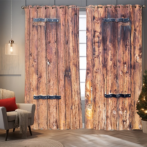 Vintage Holz Verdunkelungsvorhänge Türisolierung Außenbalkon Rest Wohnzimmer Wohndekoration 2-teiliges Set mit 3D-Digitaldruck perforiert Image