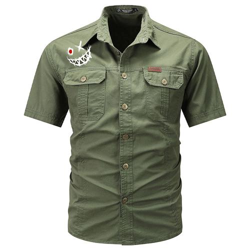 Men's Smile Face Work Shirt Western Shirt Cargo Shirt Short Sleeve Casual Tactical Going out Summer Spring Autumn Turndown Buttons Print Black Green Dark Blue Beige Gray