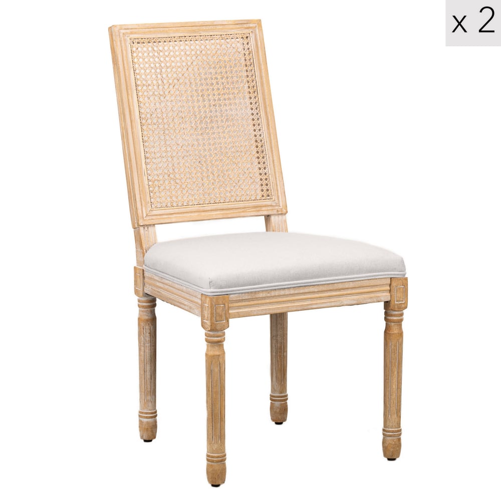 Set 2 sedie in legno e rattan con seduta in tessuto grigio