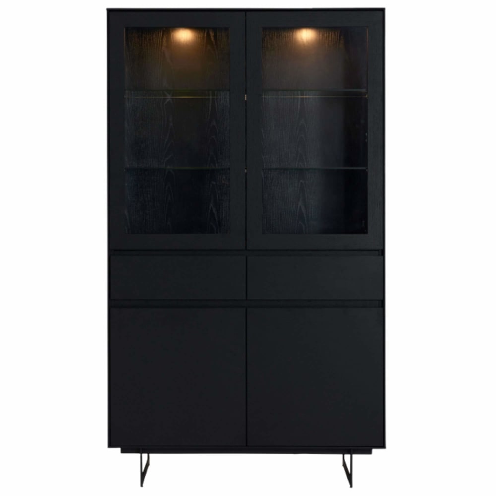 Vetrina a 4 ante e 2 cassetti in legno e metallo nero