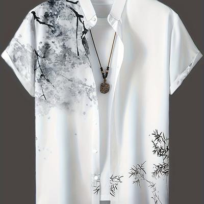 TEMU Chinese Painting Pattern Print Men's Short Sleeve Button Up Stand Collar Shirt For Holiday, Hawaiian Style Image