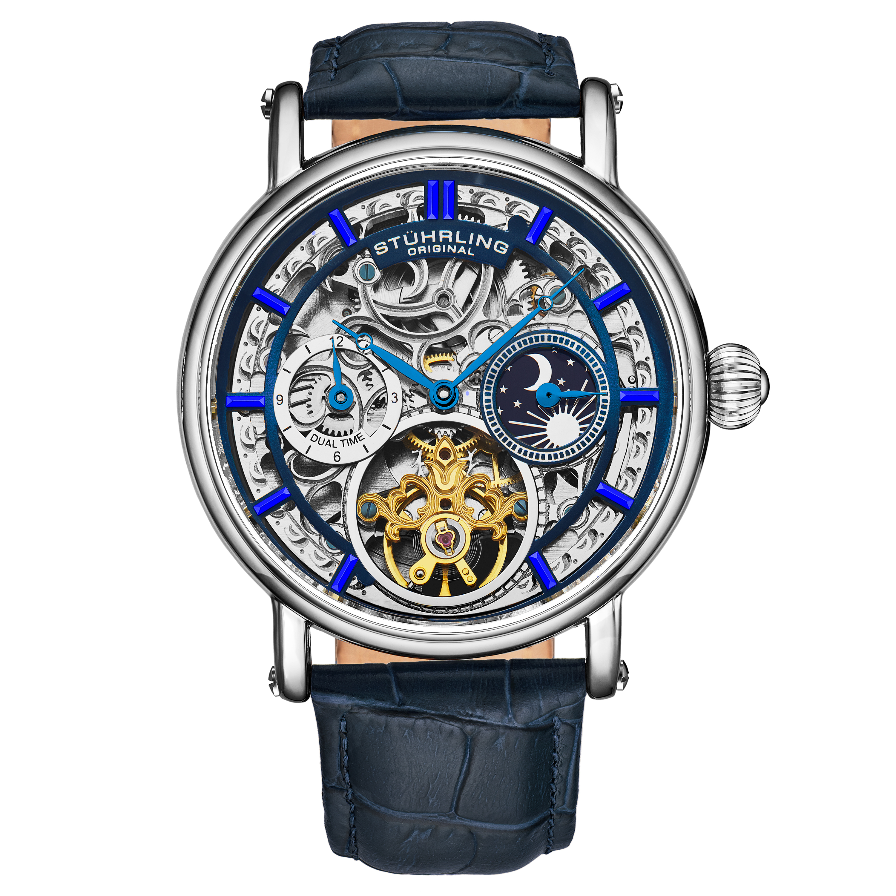 Stührling Mens Macrocosm 4000 Automatic 43mm Skeleton With Dual Time - Blue - One Size | Stührling Sale | Discount Designer Brands