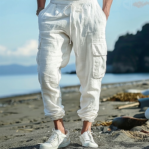 Herren Cargohose Cargohosen Leinenhose Hose Hosen Sommerhosen Strandhose Kordelzug Elastische Taille Multi Pocket Glatt Komfort Atmungsaktiv In voller Länge Casual Täglich Festtage Modisch Klassicher Image