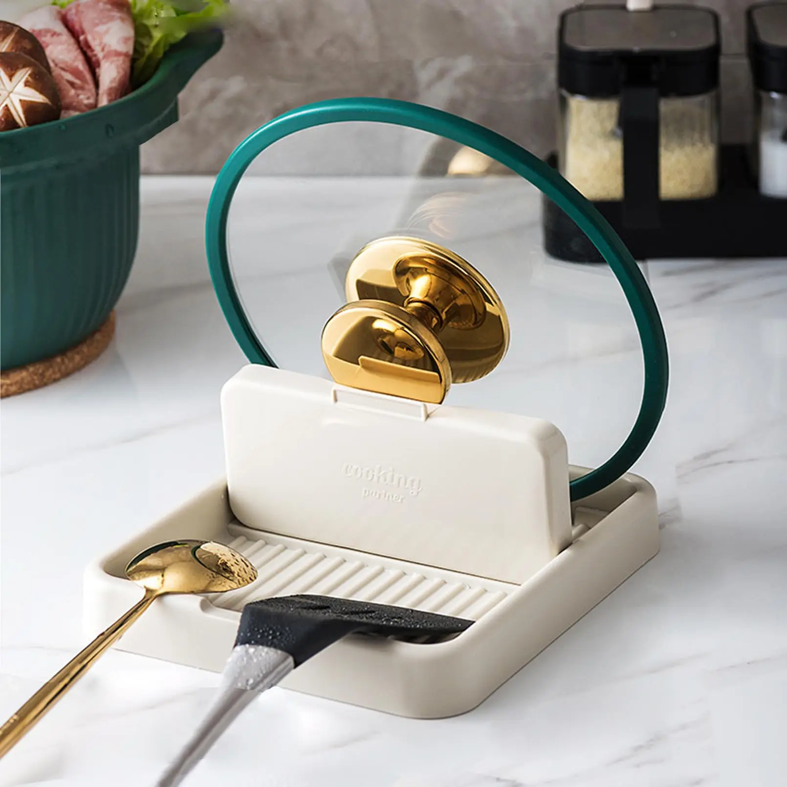 Support de cuillère avec couvercle de pot, support de cuillère, comptoir de cuisine, assistance d'ustensiles, seau soigné et sans goutte, gadgets de cuisine, accessoires