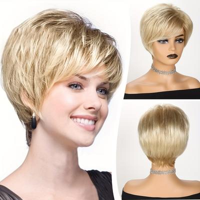 Women's Basic Style Short Blonde Straight Synthetic Wig, High Temperature Fiber, 130% Density, Rose Net Suitable For All People