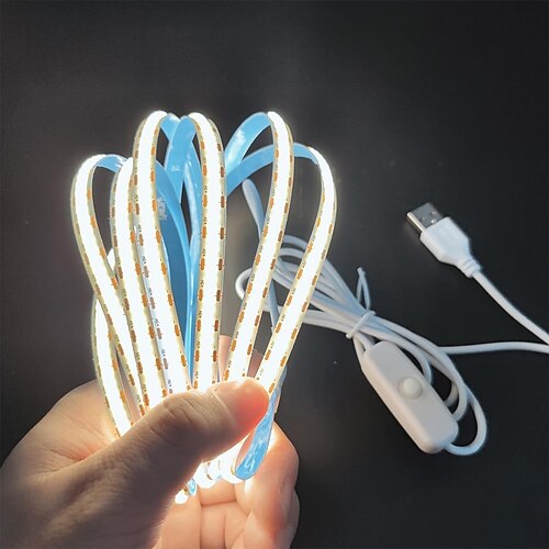 wasserdichter COB-USB-5-V-LED-Lichtstreifen, hochglänzender, weicher, flexibler LED-Lichtstreifen mit USB-Schalter, 1–5 m, 480 LEDs/Meter, wasserdichtes, flexibles, selbstklebendes Sicherheitsband, Image