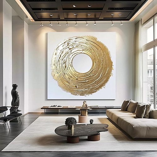 handgemaltes modernes Leinwandbild mit Kreisen und Goldfolie, abstraktes Muster, nordische abstrakte Wandkunst, Wohndekormodul, Wohnzimmer, nordisches Wohndekorgemälde, Wohndekor, gespannter Rahmen, Image