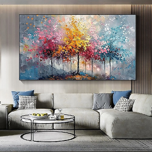 bunte Bäume Ölgemälde auf Leinwand große handgemalte Wandkunst abstrakte Wald Ölgemälde Wandkunst Landschaft Ölgemälde moderne Blumen Baum Gemälde für Wohnzimmer Wohnkultur Geschenk Image