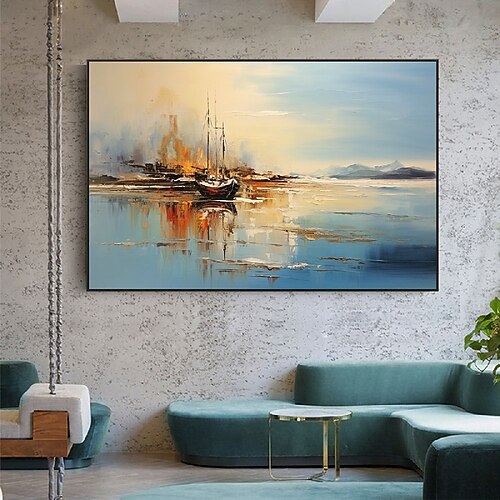 abstraktes Ölgemälde auf Leinwand, Küstenlandschaft, großes Wandbild, original blaues Segelboot-Kunstgemälde, Ozeankunst, individuelles Gemälde für Wohnzimmer, Schlafzimmer, Wanddekoration Image