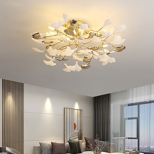 LED-Pendelleuchte 3-Farben-Licht 60/80 cm 6/8-flammig kreative Ginkgoblatt-Deckenleuchte warme romantische Blumen-Deckenleuchte G9 Metall Sputnik-Design Wohnzimmer Cafés 110-240 V Image
