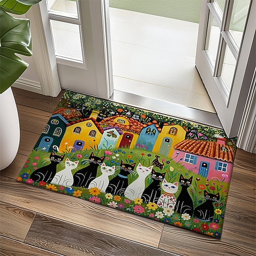Folk Art Katzen Fußmatte Küchenmatte Bodenmatte rutschfester Teppich Ölfester Teppich Indoor Outdoor Matte Schlafzimmer Dekor Badezimmermatte Eingangsbereich Teppich Image