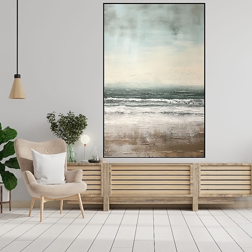 Gemälde mit Meeresblick bei nebligem Wetter, 100 % handgemalt, strukturiertes Meeresgemälde, Acryl, abstrakt, Himmel, Meereslandschaft, Ölgemälde, Wanddekoration, Bild für Wohnzimmer, Büro, Wandkunst Image