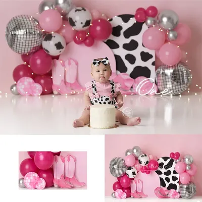 Disco Cow Girl Balloons Photography Props Child Baby Photocall Kids Pink Birthday Cake Smash