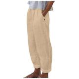 Wide Leg Pants Woman Feather Printed Linen Pants Cycling Elastic Waisted Ruched Hiking Trousers Loose Fit Stretch Trendy Fashion Palazzo Pants with Pockets(Khaki XXXL)