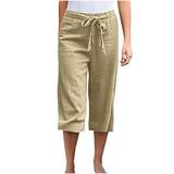 Women s Capri Pants with Pockets Solid Color Cropped Pants Cycling High Waisted Ruched Linen Pants Wide Leg Trousers Relaxed Fit Smocked Fashion White Pant with Pocket(Khaki XXXXL)