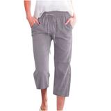 Womens Plus Size Capri Pants Solid Color Ankle Pants Cycling Elastic Waisted Ruched Linen Pants Casual Trousers Relaxed Fit Streetwear Oversize White Pant with Pocket(Grey XL)