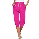 Women Capri Pants Solid Color Cropped Pants Golf High Waisted Ruched Linen Pants Wide Leg Trousers Slim Fit Smocked Fashion Sweatpants with Pockets(Hot Pink M)