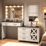 White Vanity Desk With Drawers&large Mirror, Farmhouse Makeup Vanity Table With Dresser For Women Girls