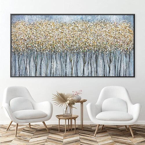 Ölgemälde, handgemaltes Baumwaldgemälde auf Leinwand, handgefertigt, groß, abstrakt, goldfarben, groß, goldblau, Landschaft, Acrylölgemälde, modernes Kunstwerk für Wohnzimmer, Wandkunst, Dekor Image