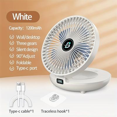 Foldable Desktop Fan – USB Rechargeable 1200mAh Table Fan with Wall Mount, Hook, and Adjustable Angle