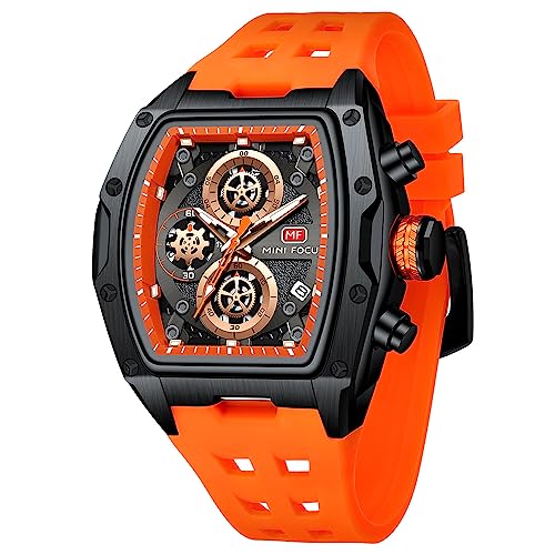 FAMVNTN Watches for Men Square Tonneau Waterproof Wristwatch Big Dial Luminous Waterproof Sport Analog Quartz Business Mens Watches Chronograph Calendar Date Silicon Strap Dress Watch, Orange, Modern